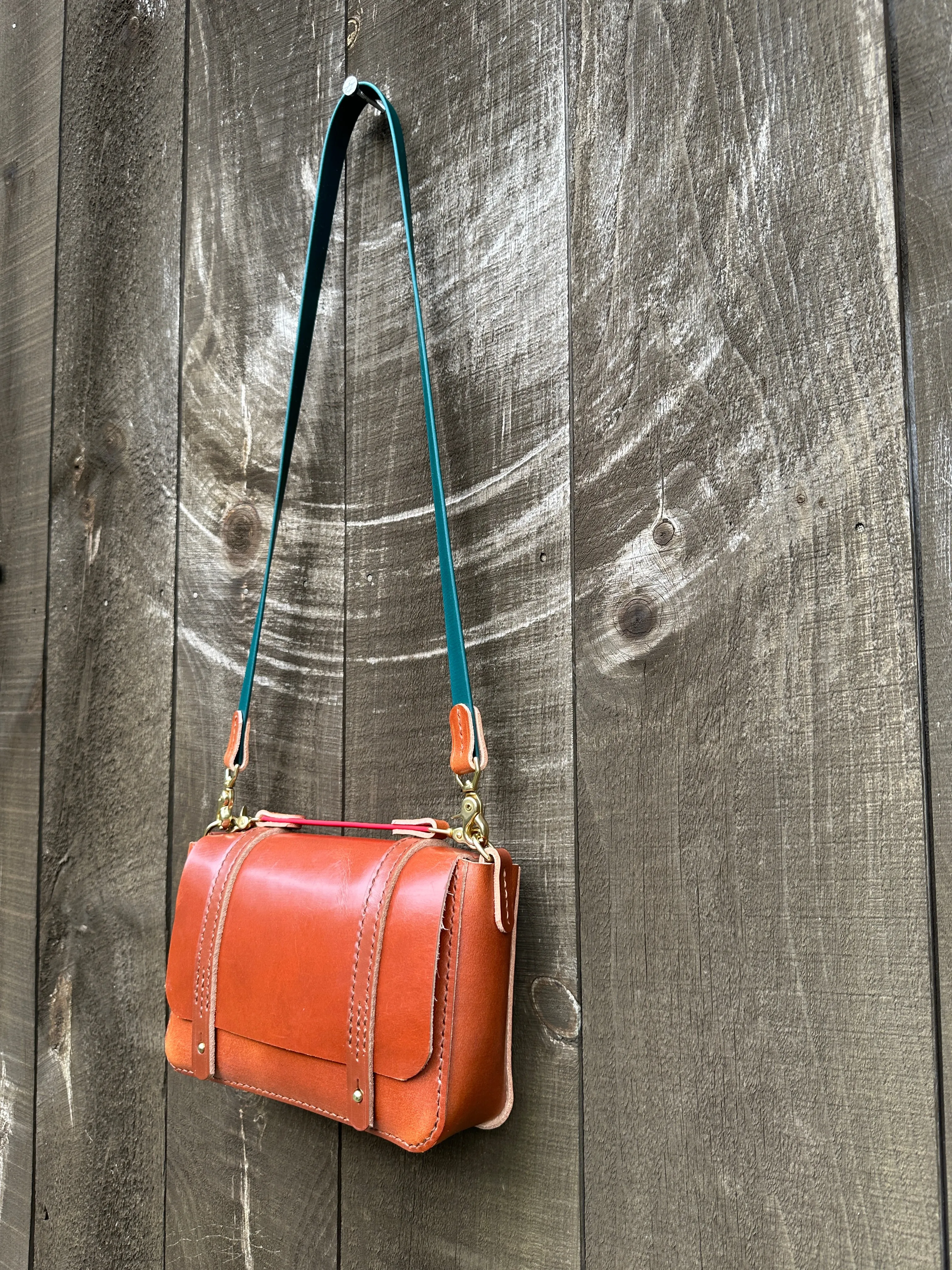 Heavy Imported English Bridle Messenger Bag w/Leather and Red Biothane Saddle and OTS Straps, Sedgwick Hazel