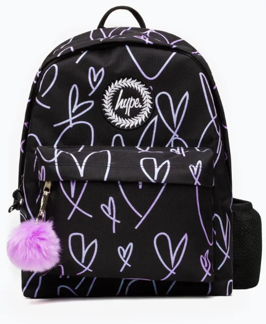 Hype Black/Purple Glitter Scribble Hearts Backpack