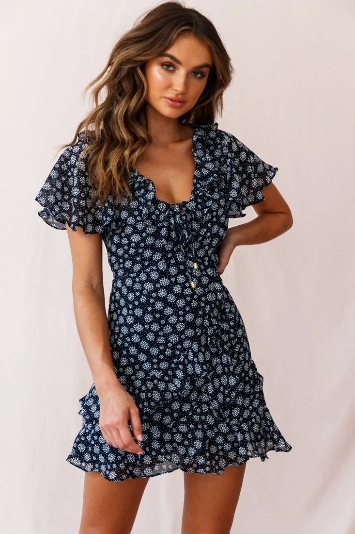 Kalina Ruffle Neckline Flutter Sleeve Mini Dress Dot Print Navy/White