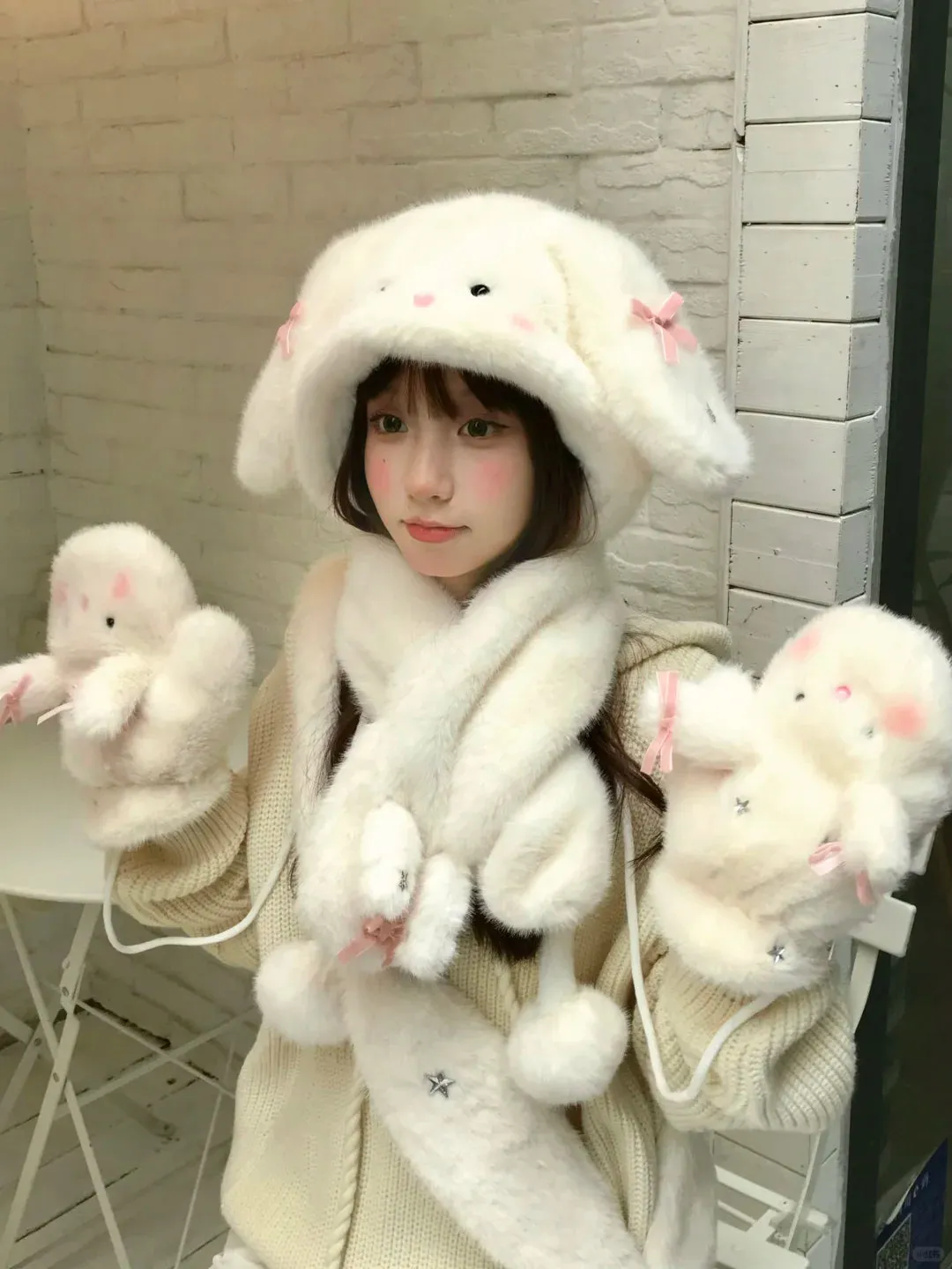 Peach Bubble White Rabbit Plush Winter Hat Scarf Gloves Bag Set