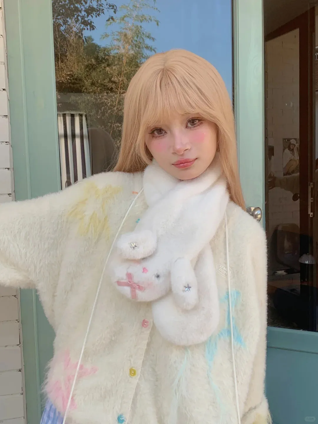 Peach Bubble White Rabbit Plush Winter Hat Scarf Gloves Bag Set