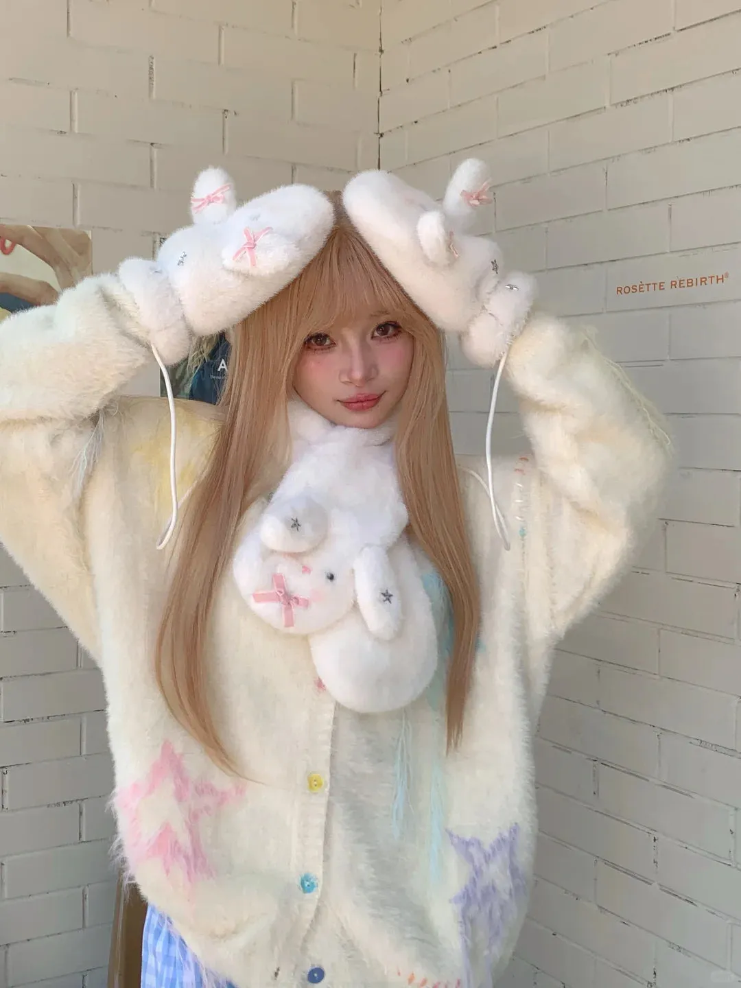 Peach Bubble White Rabbit Plush Winter Hat Scarf Gloves Bag Set