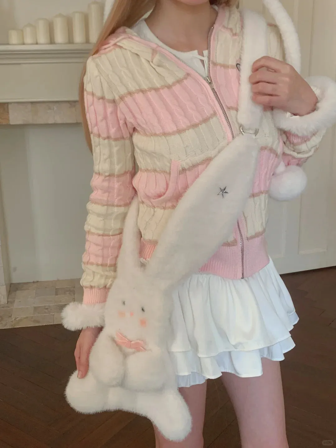 Peach Bubble White Rabbit Plush Winter Hat Scarf Gloves Bag Set