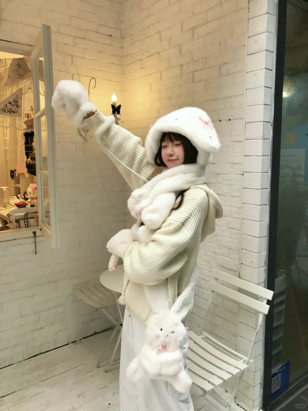 Peach Bubble White Rabbit Plush Winter Hat Scarf Gloves Bag Set