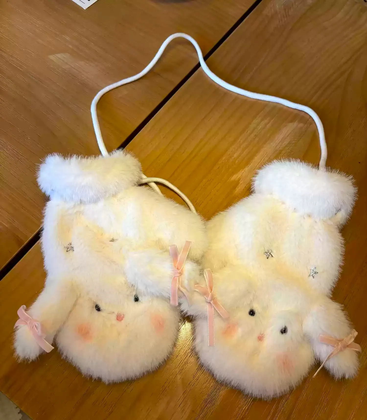 Peach Bubble White Rabbit Plush Winter Hat Scarf Gloves Bag Set