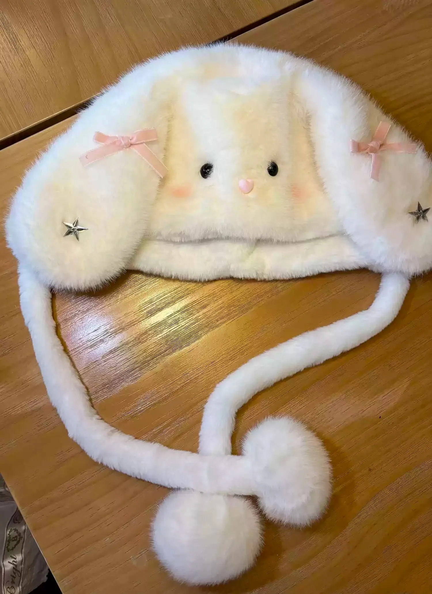 Peach Bubble White Rabbit Plush Winter Hat Scarf Gloves Bag Set