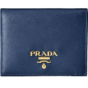 Prada Saffiano Baltico Blue Leather Gold Logo Bifold Snap Wallet