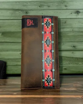 Red Dirt Hat Co. Brown Antique Oiled Tooled Red Aztec Leather Rodeo Wallet 24068876W2