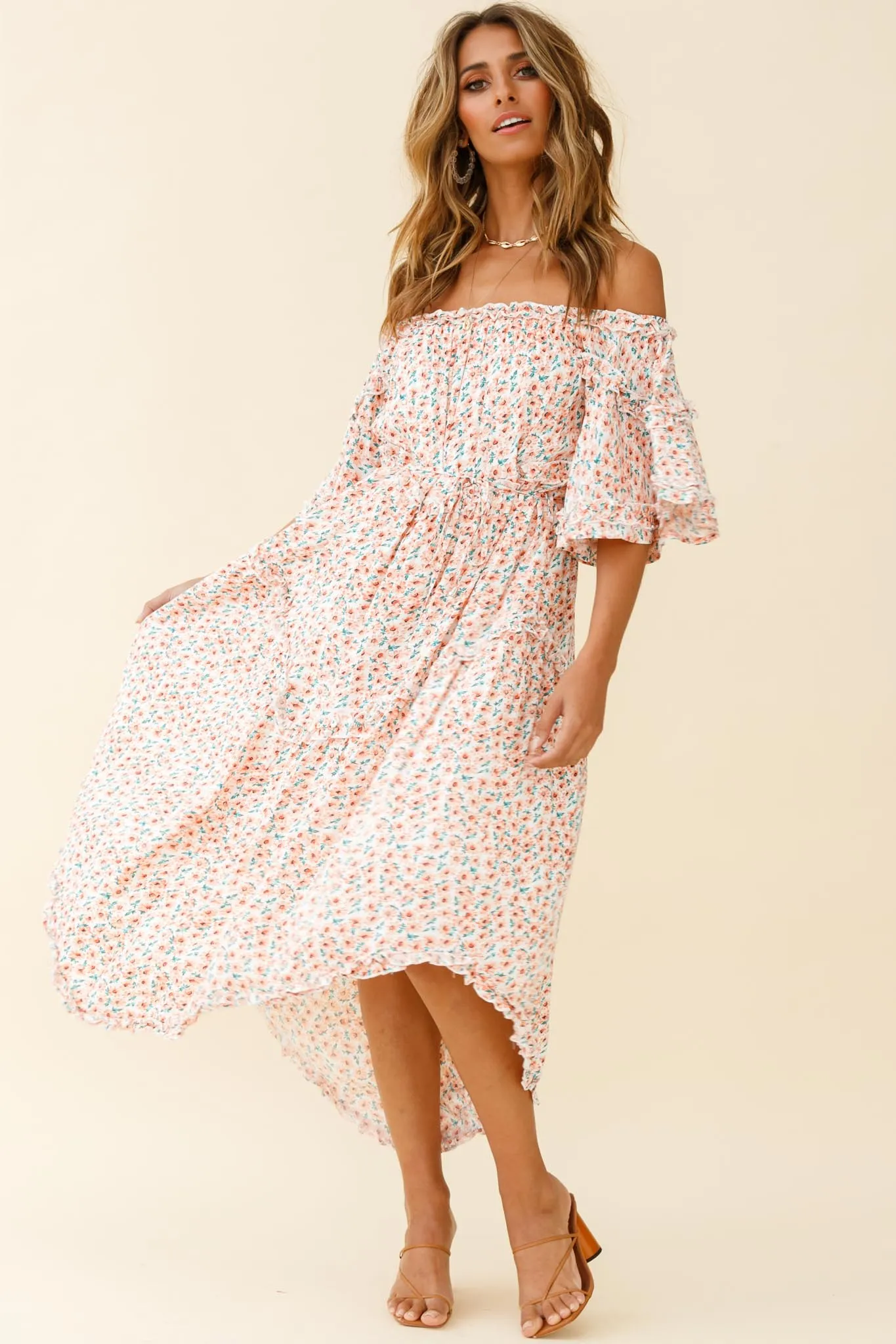 Renoir Off-Shoulder Frill Trim Dress Floral Print Pink