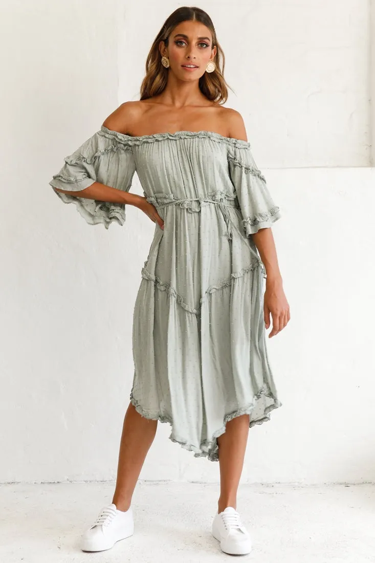 Renoir Off-Shoulder Frill Trim Midi Dress Olive