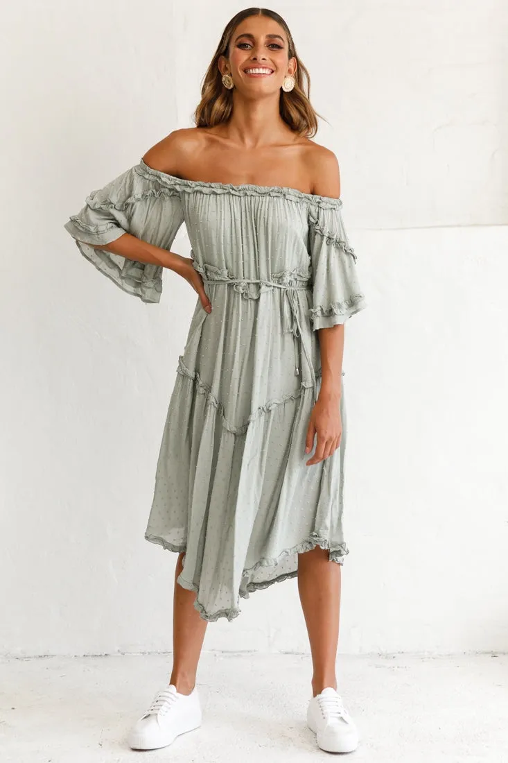 Renoir Off-Shoulder Frill Trim Midi Dress Olive