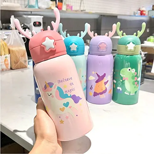 Star Work Sipper Water Bottle for Kids | Bottle Holder Bag with Carry Strip to Hang | Two Caps | Stainless Steel | Vacuum Insulated Double Walled Themo Flask Hot and Cold Water (Baby Pink)