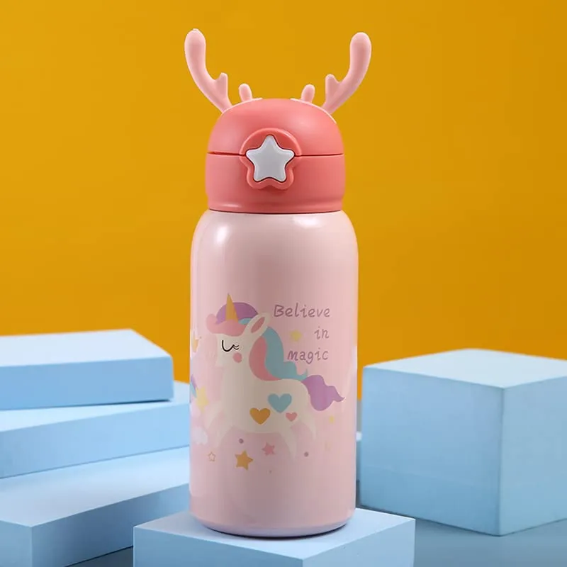 Star Work Sipper Water Bottle for Kids | Bottle Holder Bag with Carry Strip to Hang | Two Caps | Stainless Steel | Vacuum Insulated Double Walled Themo Flask Hot and Cold Water (Baby Pink)