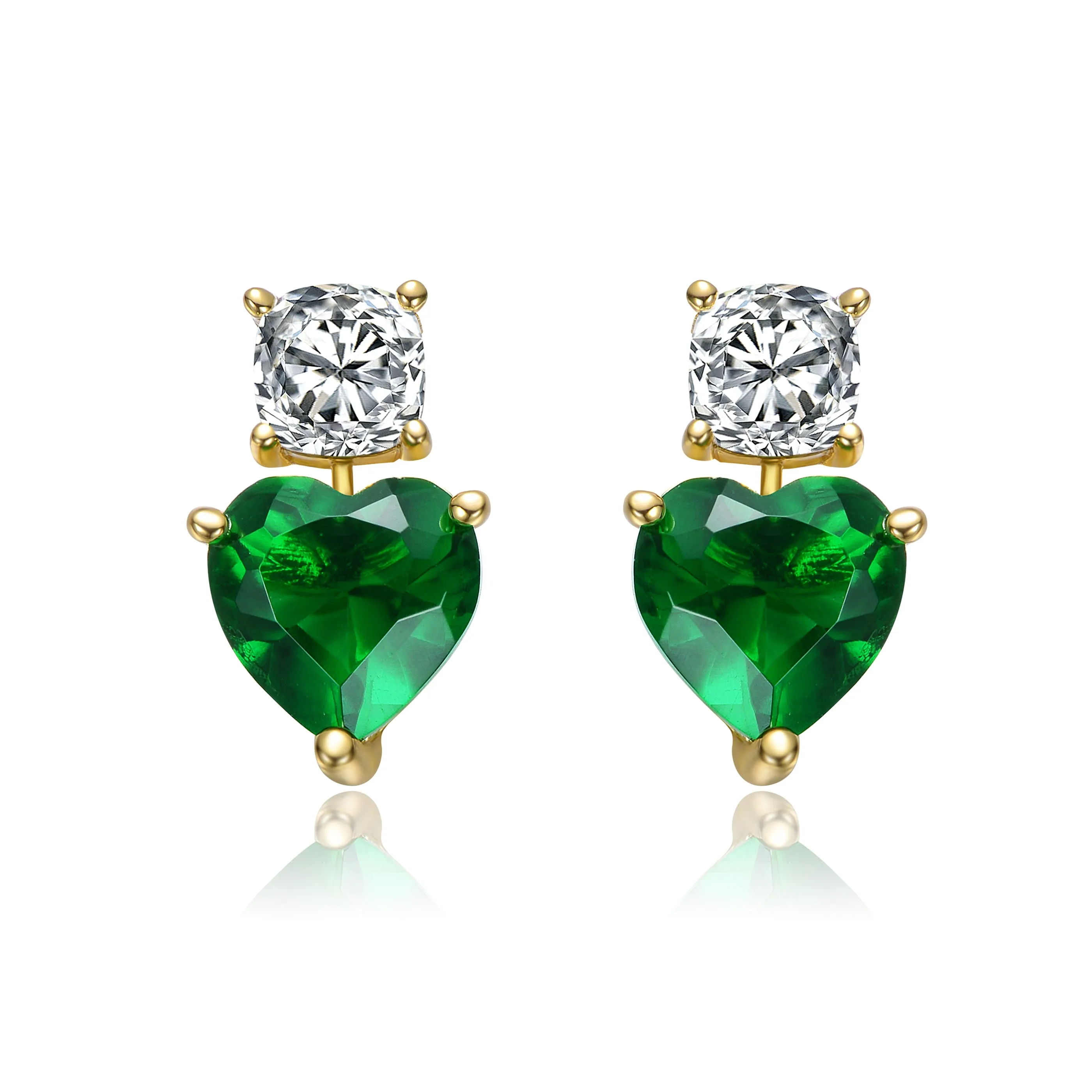 Sterling Silver 14k Gold Plated with Colored Cubic Zirconia Two-Stone Heart Earrings