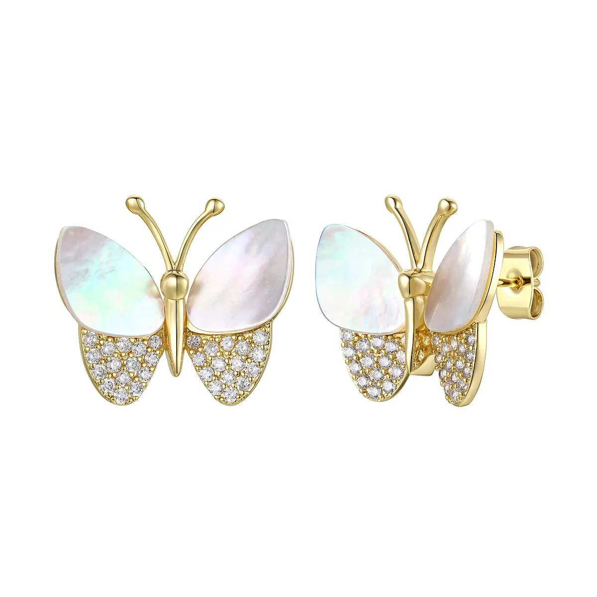 Sterling Silver Large 14k Gold Plated with Mother of Pearl & Cubic Zirconia Butterfly Stud Earrings