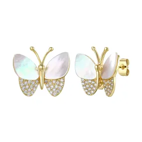 Sterling Silver Large 14k Gold Plated with Mother of Pearl & Cubic Zirconia Butterfly Stud Earrings