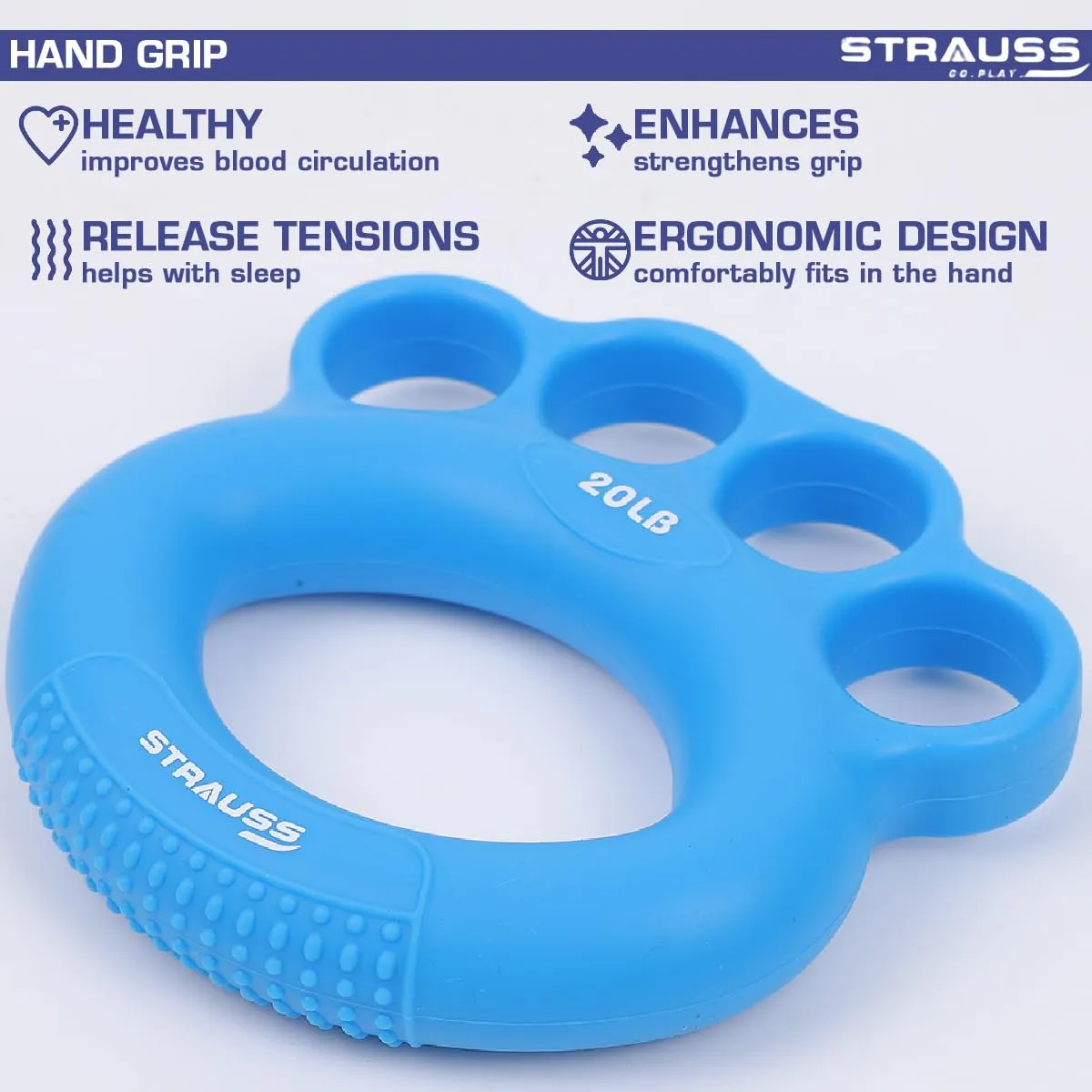 Strauss Adjustable Finger and Hand Exerciser | Finger&Palm Gripper | Hand Strengthener for Carpal Tunnel Relief and Grip Strength for Men & Women, (Blue)