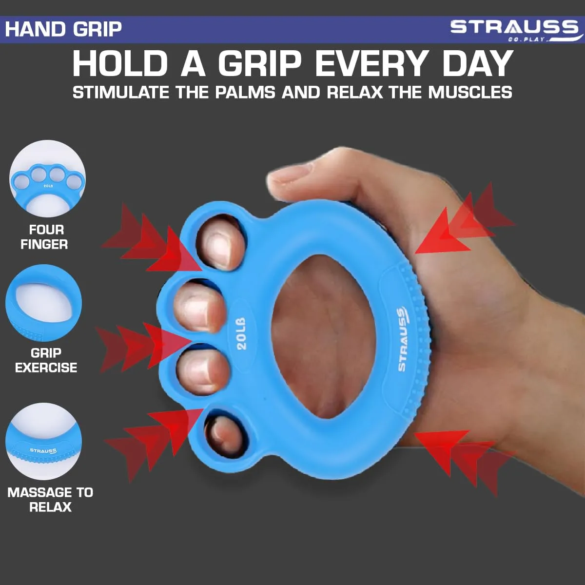 Strauss Adjustable Finger and Hand Exerciser | Finger&Palm Gripper | Hand Strengthener for Carpal Tunnel Relief and Grip Strength for Men & Women, (Blue)