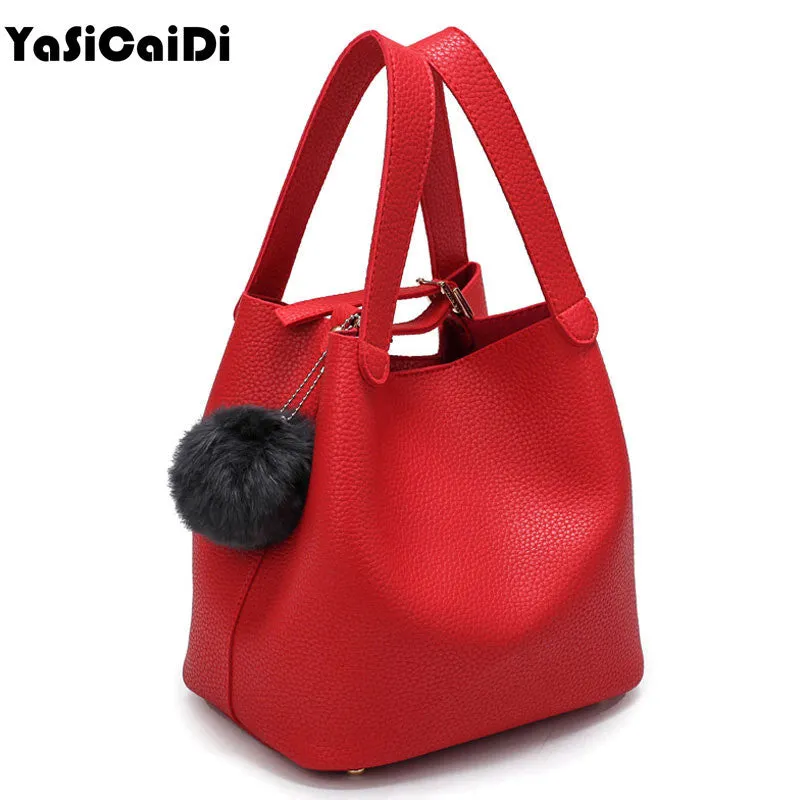 Top-Handle Women Bags Fashion Pu Women's Leather Handbags Black Women Bag Tassel Fur Bag Ball High Quality Small Bucket Bags Sac