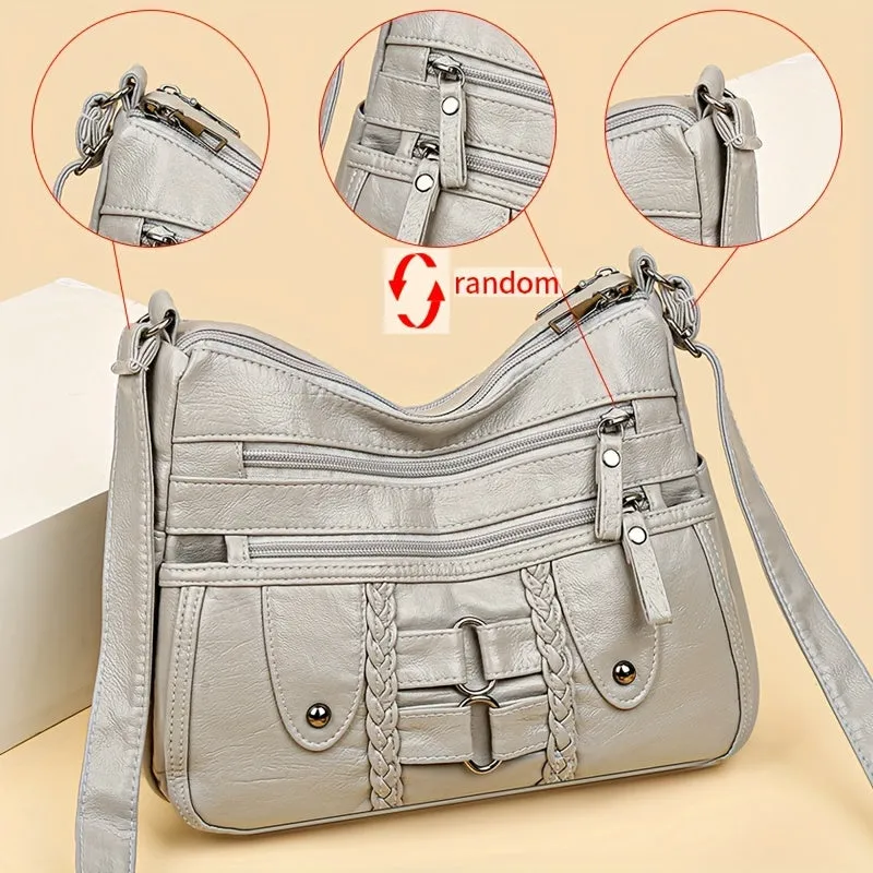 Vintage Chic Rivet Accent Soft PU Leather Crossbody Shoulder Bag - Spacious Multi-Zipper Messenger Bag with Adjustable Strap, Perfect for Women on-the-Go - Stylish, Durable, and Easy to Clean