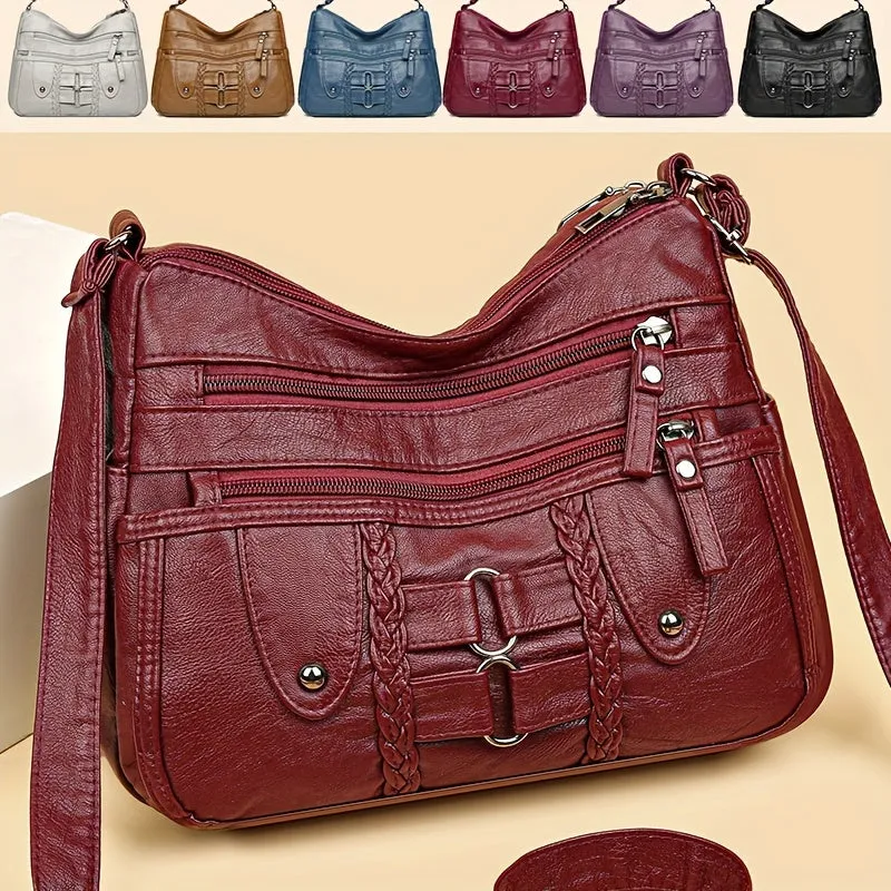 Vintage Chic Rivet Accent Soft PU Leather Crossbody Shoulder Bag - Spacious Multi-Zipper Messenger Bag with Adjustable Strap, Perfect for Women on-the-Go - Stylish, Durable, and Easy to Clean