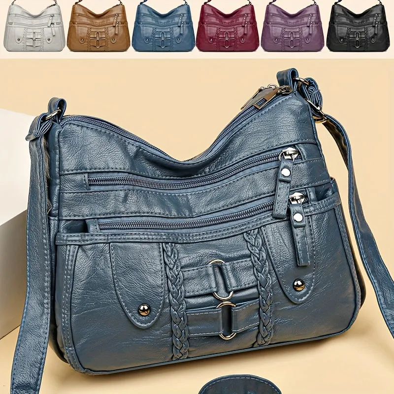 Vintage Chic Rivet Accent Soft PU Leather Crossbody Shoulder Bag - Spacious Multi-Zipper Messenger Bag with Adjustable Strap, Perfect for Women on-the-Go - Stylish, Durable, and Easy to Clean