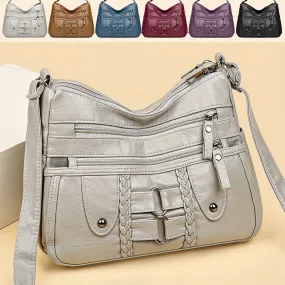 Vintage Chic Rivet Accent Soft PU Leather Crossbody Shoulder Bag - Spacious Multi-Zipper Messenger Bag with Adjustable Strap, Perfect for Women on-the-Go - Stylish, Durable, and Easy to Clean