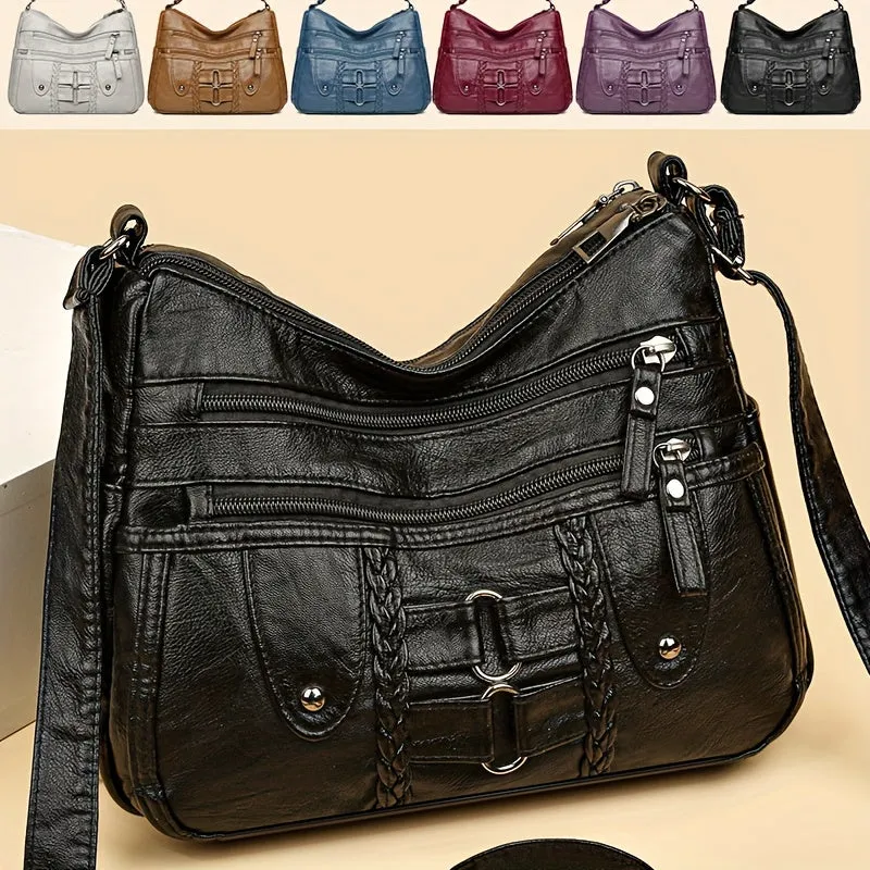 Vintage Chic Rivet Accent Soft PU Leather Crossbody Shoulder Bag - Spacious Multi-Zipper Messenger Bag with Adjustable Strap, Perfect for Women on-the-Go - Stylish, Durable, and Easy to Clean