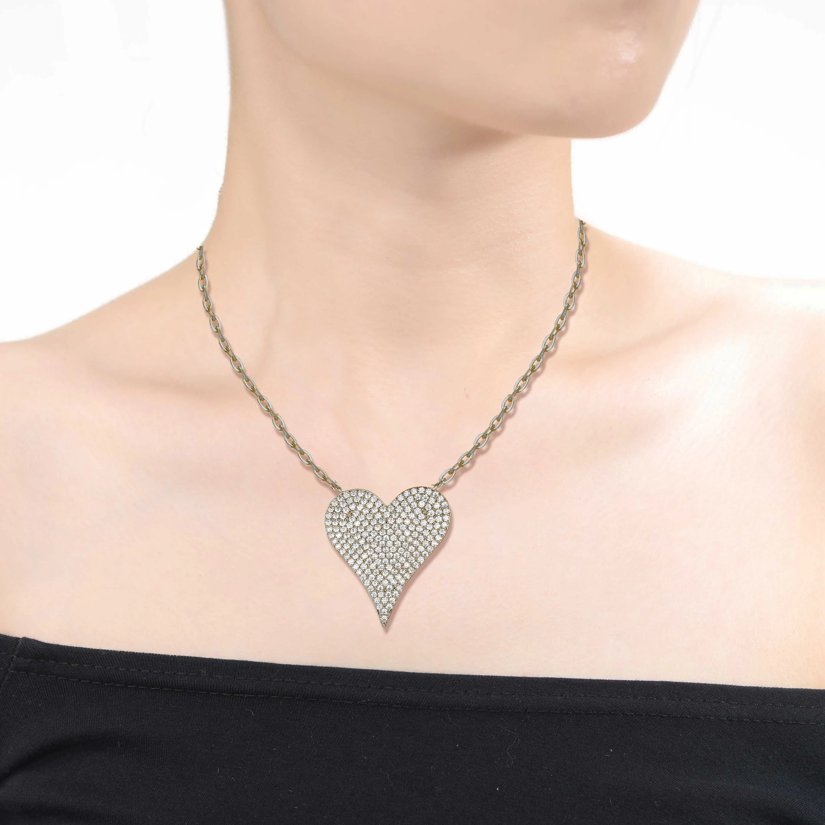 White Gold Plated Sterling Silver with Pave Cubic Zirconia Heart Layering Necklace